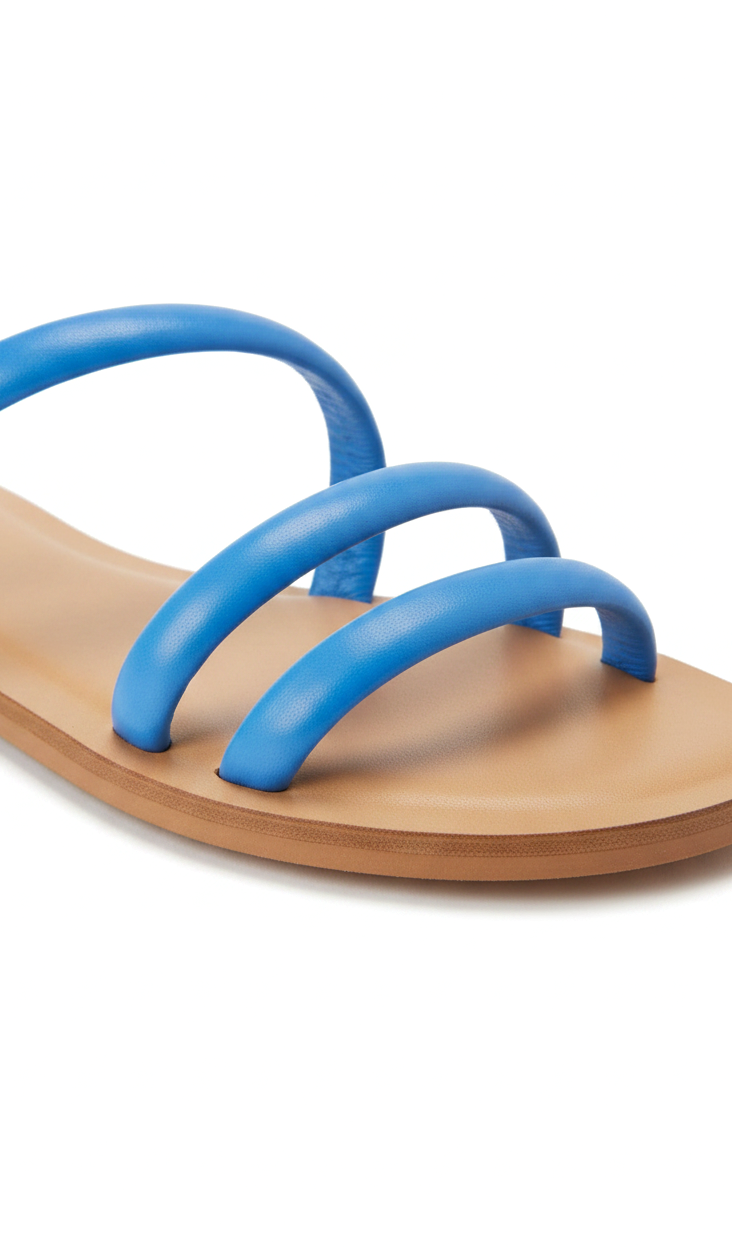 Cacau Blue Leather Three-Strap Slide Sandals – Flat