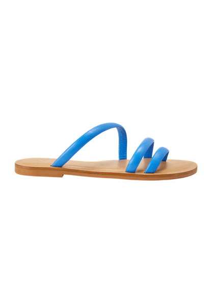 Cacau Blue Leather Three-Strap Slide Sandals – Flat