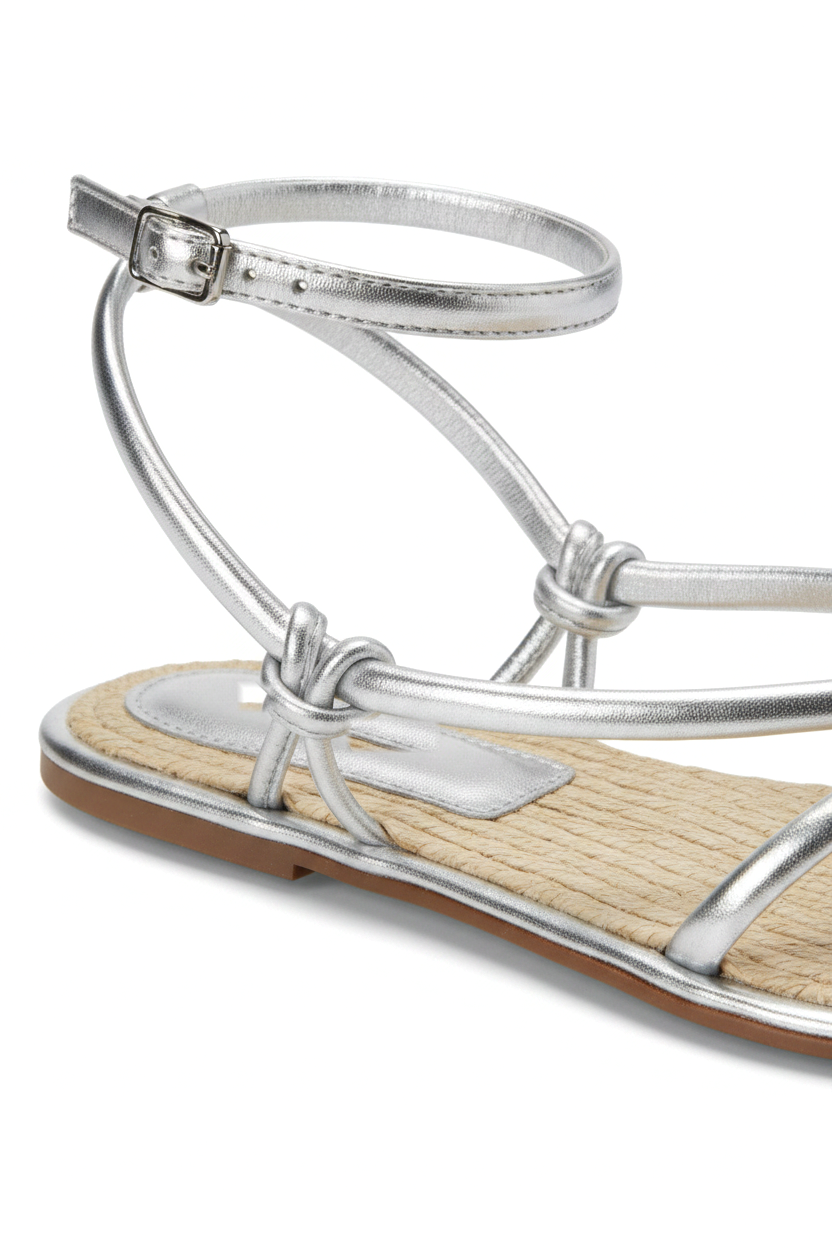 Angico Silver Leather Strappy Sandals – Flat, Raffia Footbed