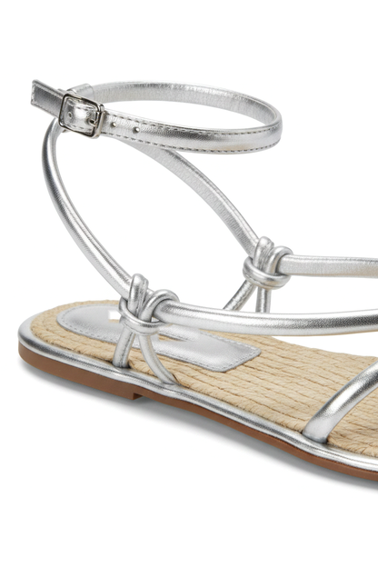 Angico Silver Leather Strappy Sandals – Flat, Raffia Footbed