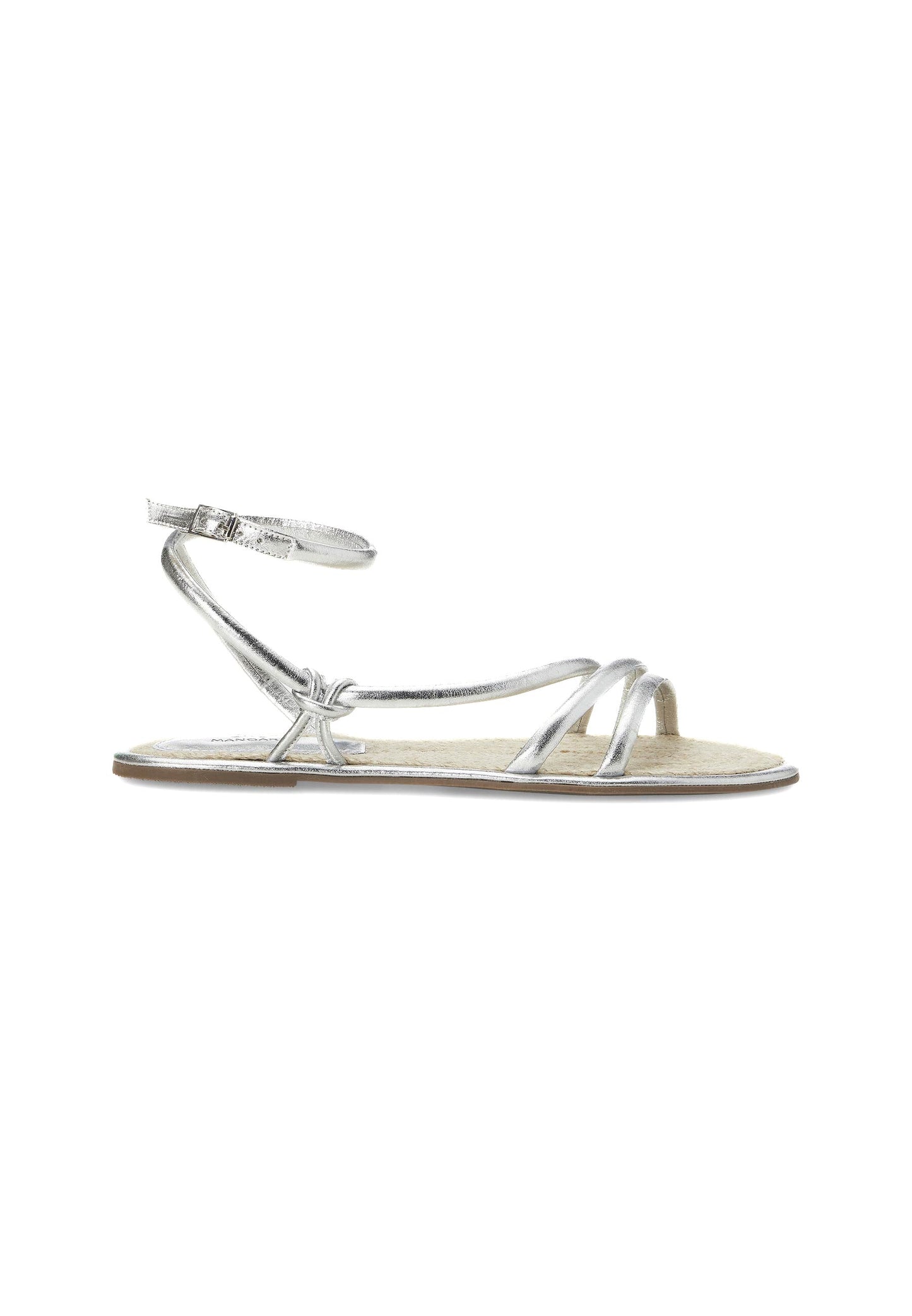 Angico Silver Leather Strappy Sandals – Flat, Raffia Footbed