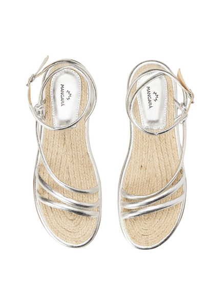 Angico Silver Leather Strappy Sandals – Flat, Raffia Footbed