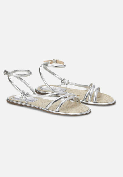Angico Silver Leather Strappy Sandals – Flat, Raffia Footbed