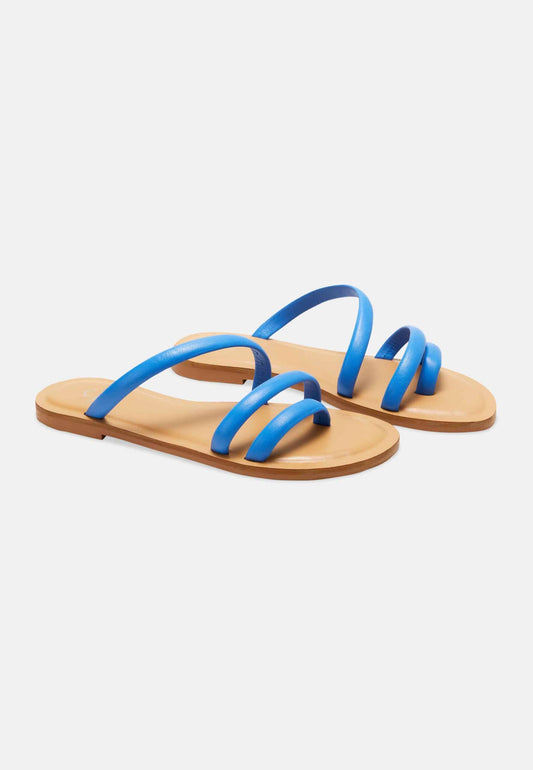 Cacau Blue Leather Three-Strap Slide Sandals – Flat