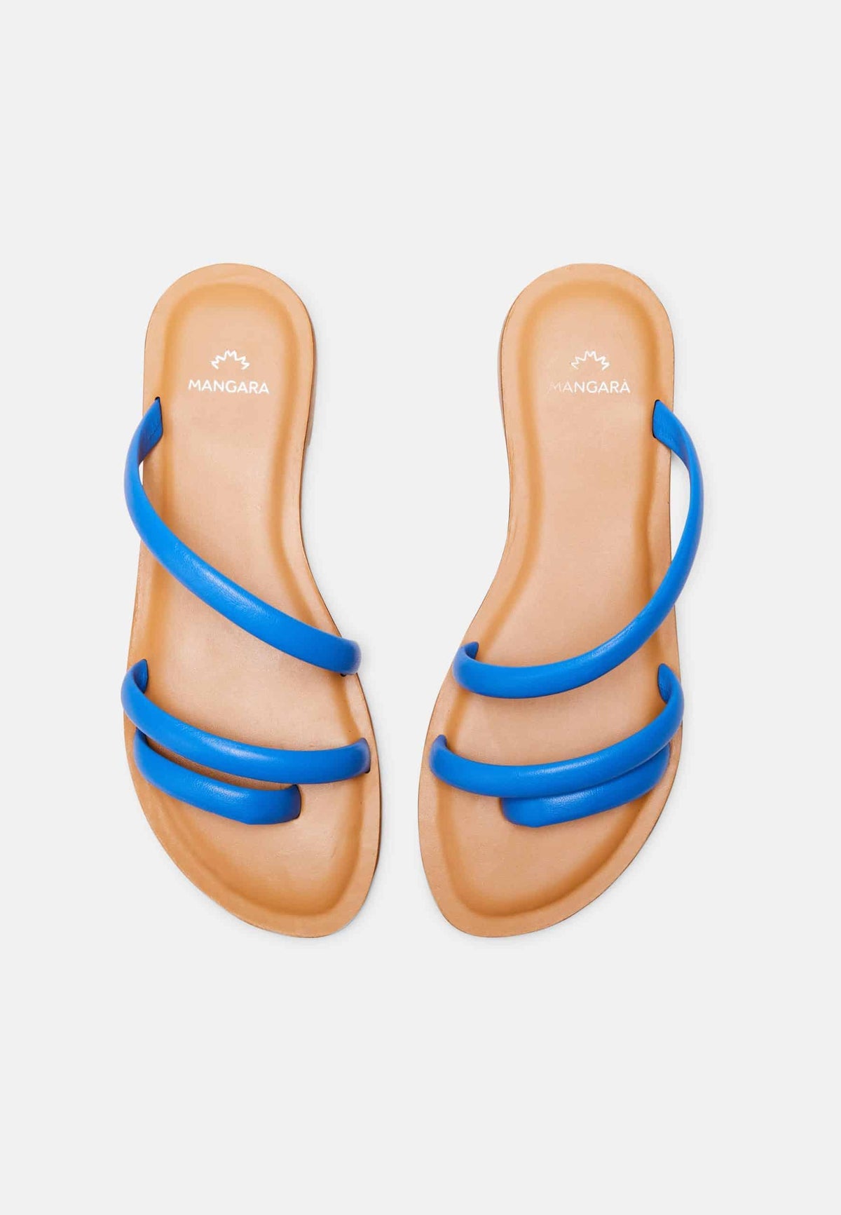 Cacau Blue Leather Three-Strap Slide Sandals – Flat