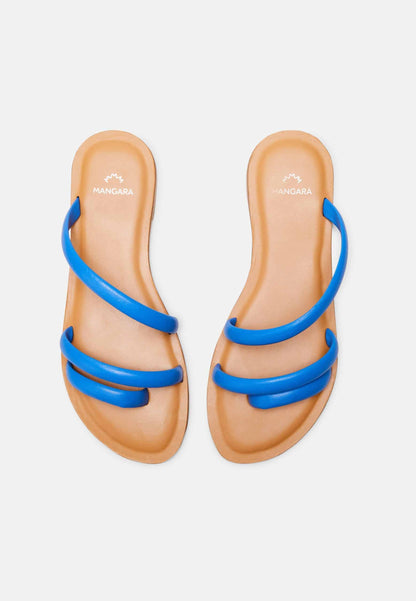 Cacau Blue Leather Three-Strap Slide Sandals – Flat